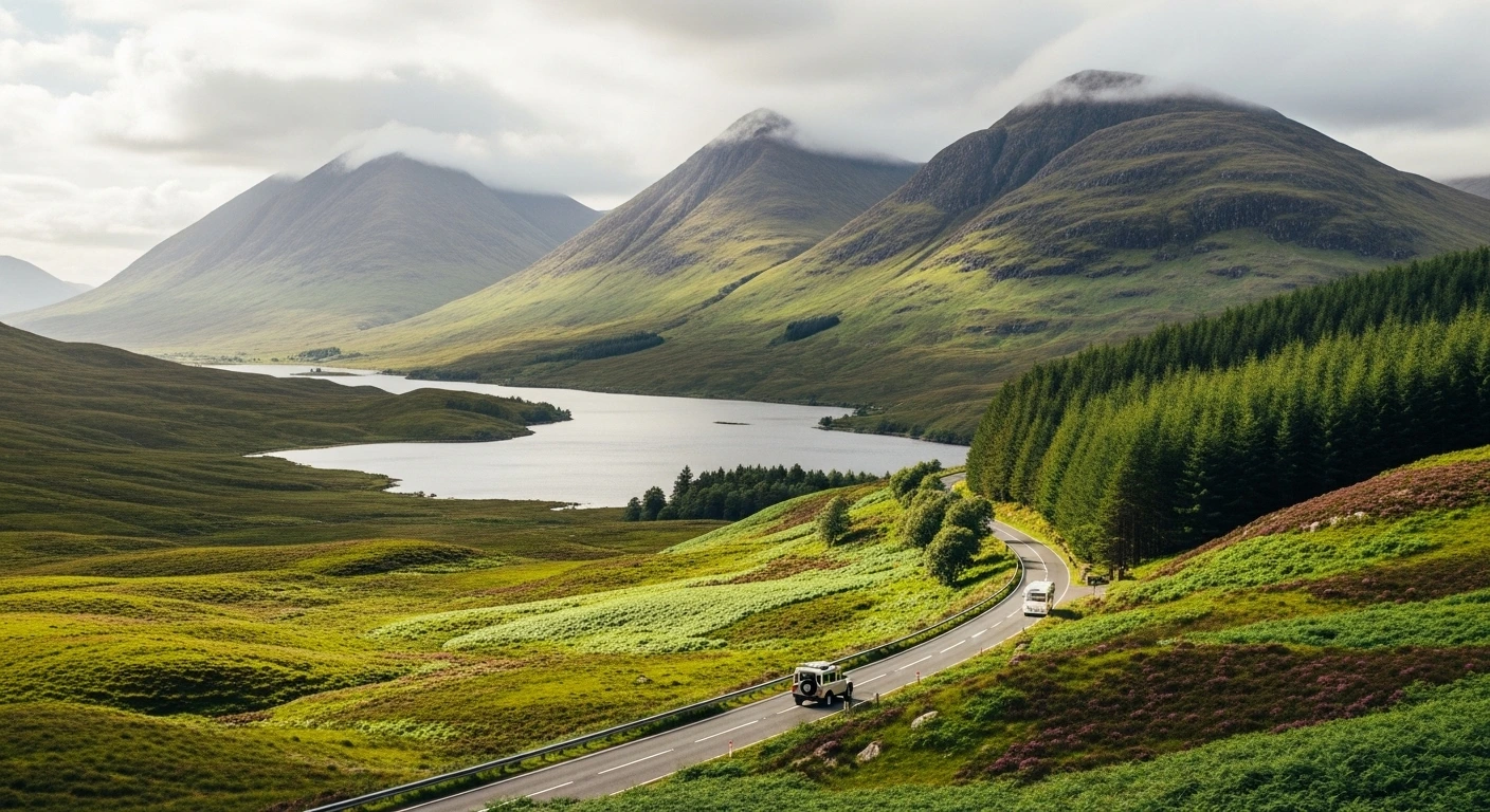 Scotland road trip: vintage car on a winding road through the green Scottish Highlands at sunset.